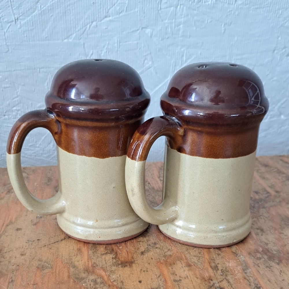 Vintage 3-Tone Brown Stoneware Salt & Pepper Shakers